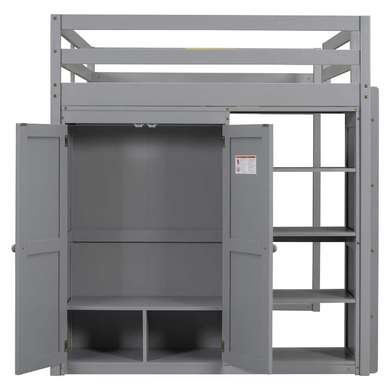 Wood Full Size Loft Bed with Built-in Wardrobe and Storage Shelves, Led light, Gray