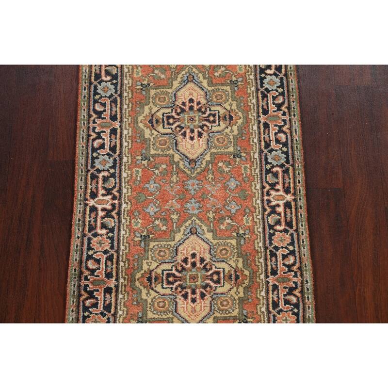 Hand Knotted Oriental 100% Wool Carpet Traditional Geometric Oranges & Rust Indo Heriz Serapi Runner Rug - 11' 11'' X 2' 7''