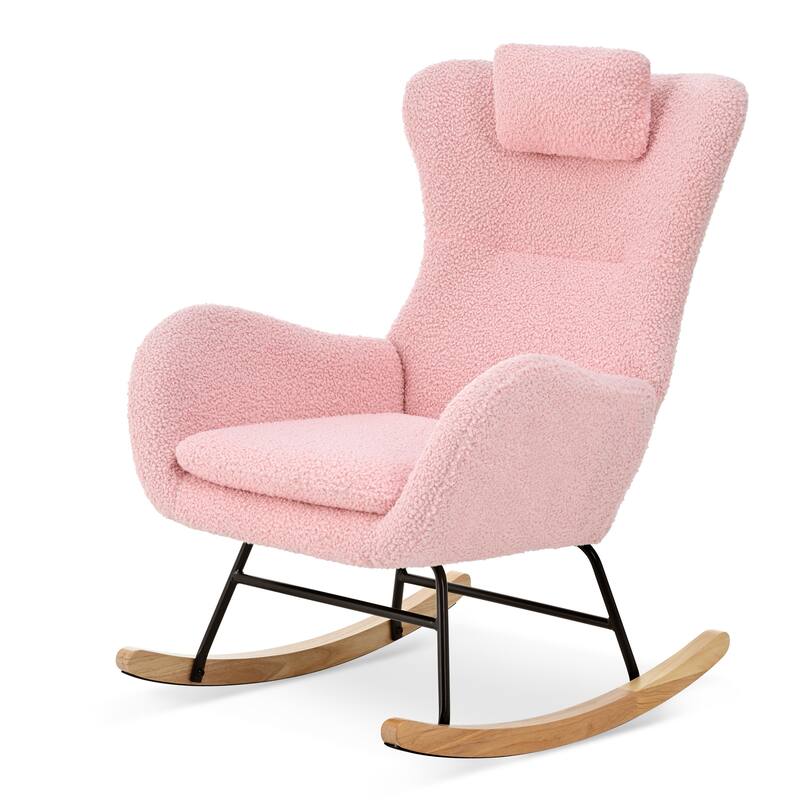 Polyester Glider Chair with Adjustable Headrest and Storage Pocket, Rubber Wood Base