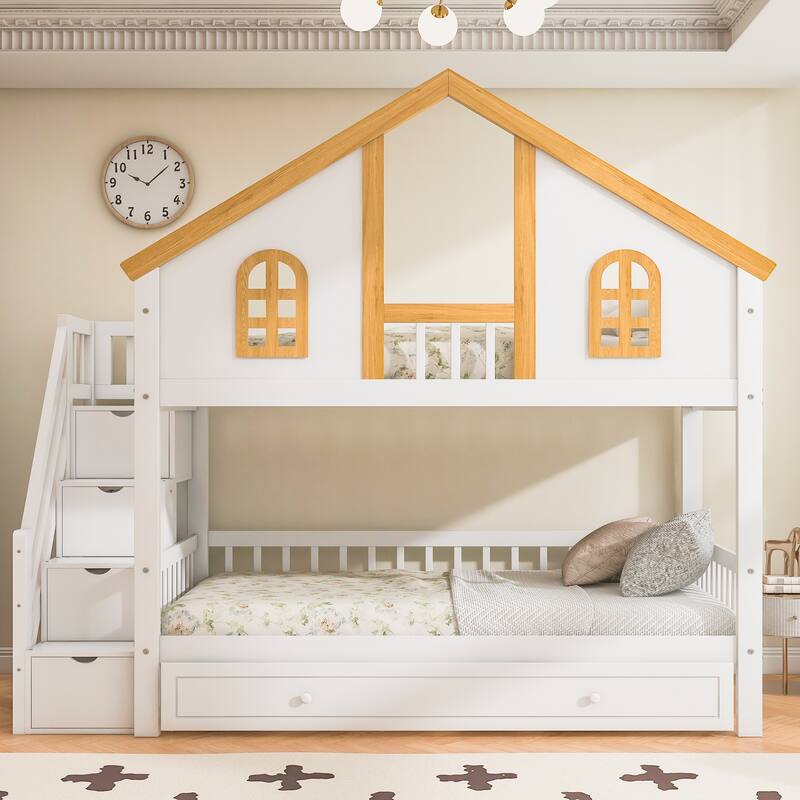 Fairytale Bunk Bed with Window Door House-shaped Roof Frame and Storage Staircase, Optional with Storage Drawers or Trundle Bed