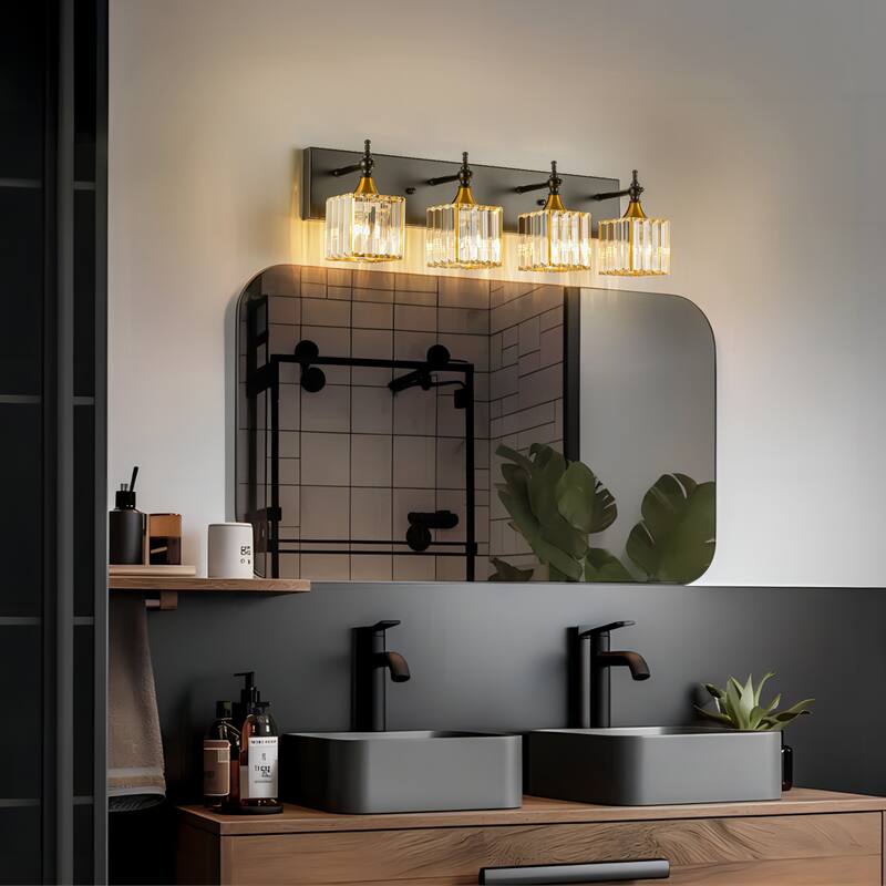 3/4-Light Modern Glam Dimmable Black Gold Crystal Bathroom Vanity Light