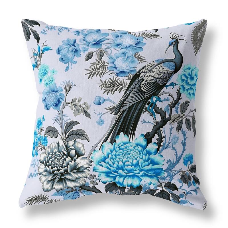 Blue And Grey Peacock Panache Faux Suede Throw Pillow Zipper