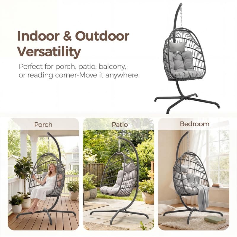 Oversized 1-Person Foldable Hanging Egg Chair - Wicker Swing Chair with Stand, Portable for Indoor Outdoor Patio