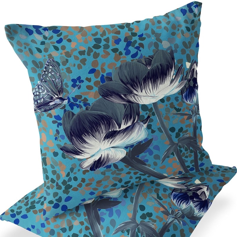 HomeRoots Set of Two 16" X 16" Blue and Green Butterfly Blown Seam Floral Indoor Outdoor Throw Pillow - 16.00' X '16.00' X '5.00