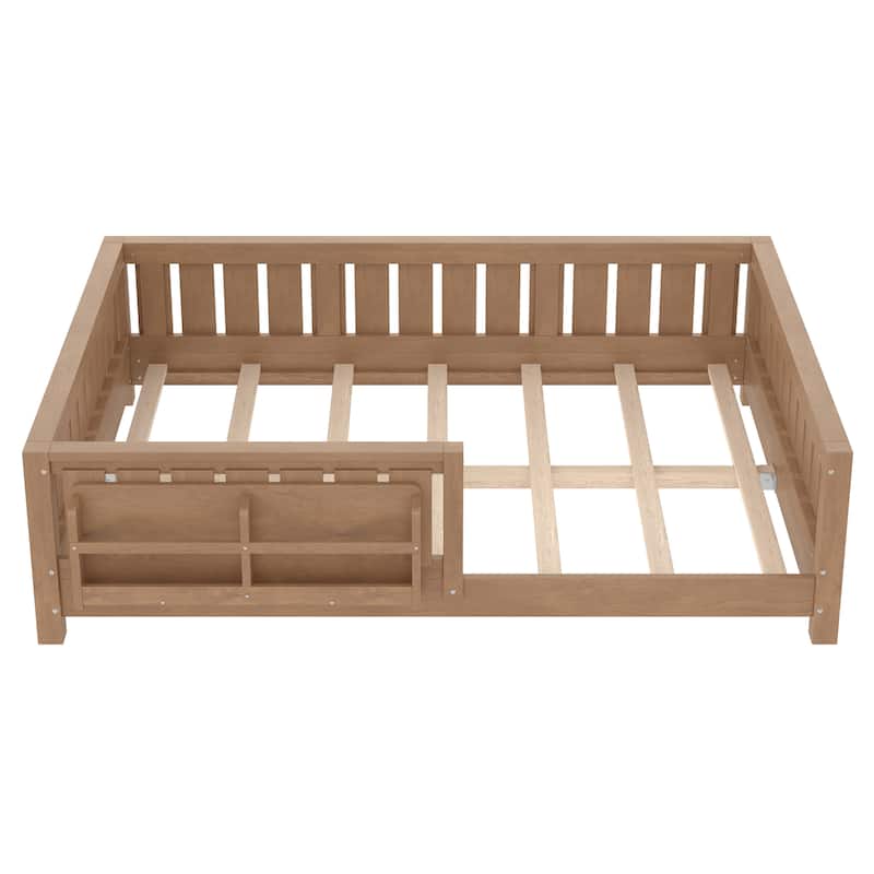 Low Profile Montessori Bed Floor Platform Bed with Fence and Bookshelf