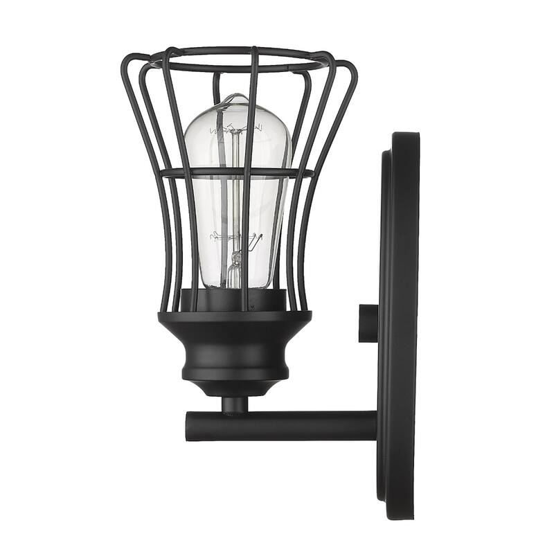 One Light Matte Black Flush Mount Industrial Cage Wall Sconce with Metal Shade and Hardwired for Indoor Use