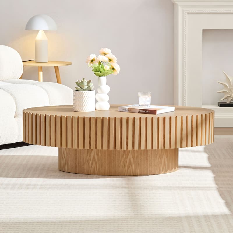 Oval Compact Low Coffee Table Handcraft Drum Small Center Table with Side Fluted Design and Wood Grain for Living Room Office - Natural