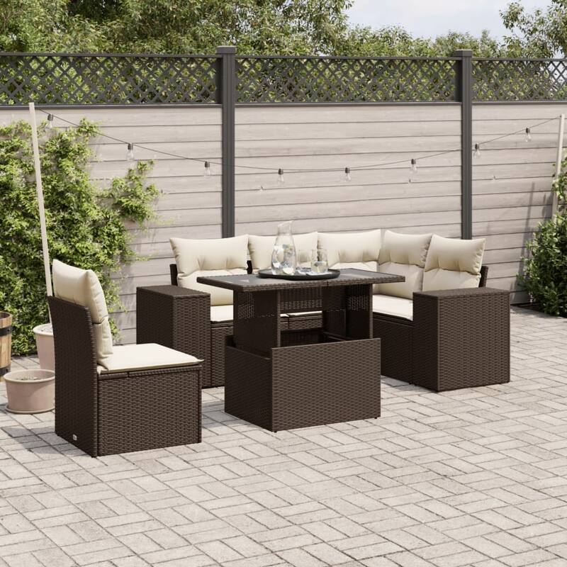 vidaXL Patio Sofa Set with Cushions Outdoor Furniture 6 Piece Poly Rattan - 21.7 x 39.4 x 28.7 - Brown and Cream