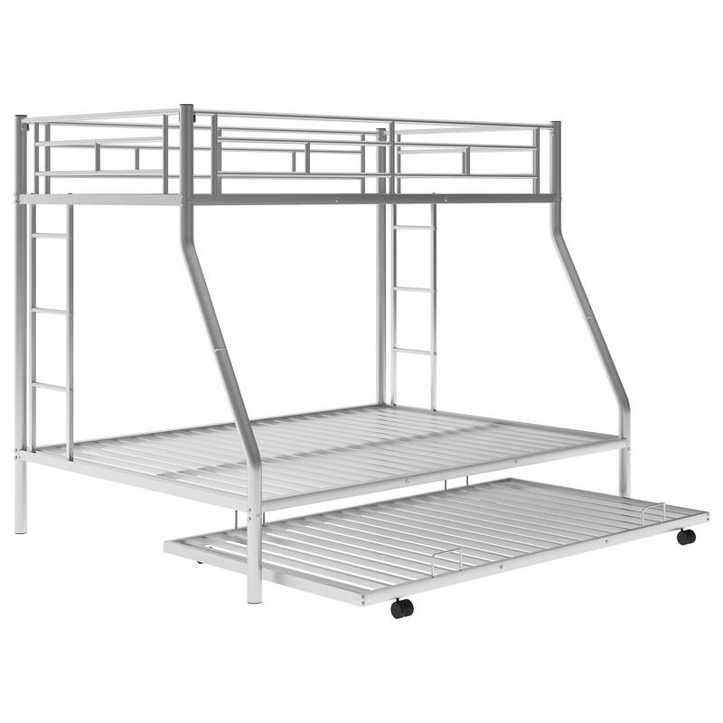Twin over Full Bed with Sturdy Steel Frame, Bunk Bed with Twin Size Trundle, Two-Side Ladders, Silver