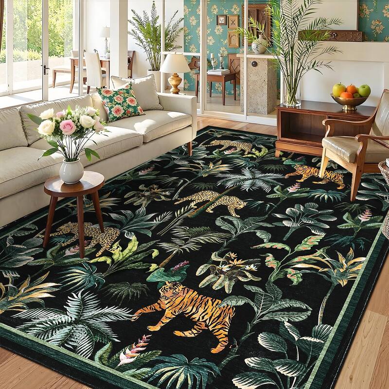 Living Room Rug Jungle Tiger Area Rug Plant Rugs Low Pile Non Shedding Soft Accent Carpet for Bedroom, Dining Room - 5'x7' - Black