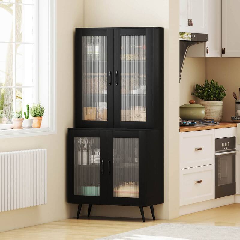 Costway Kitchen Pantry Cabinet with Translucent Fluted Doors & - See Details