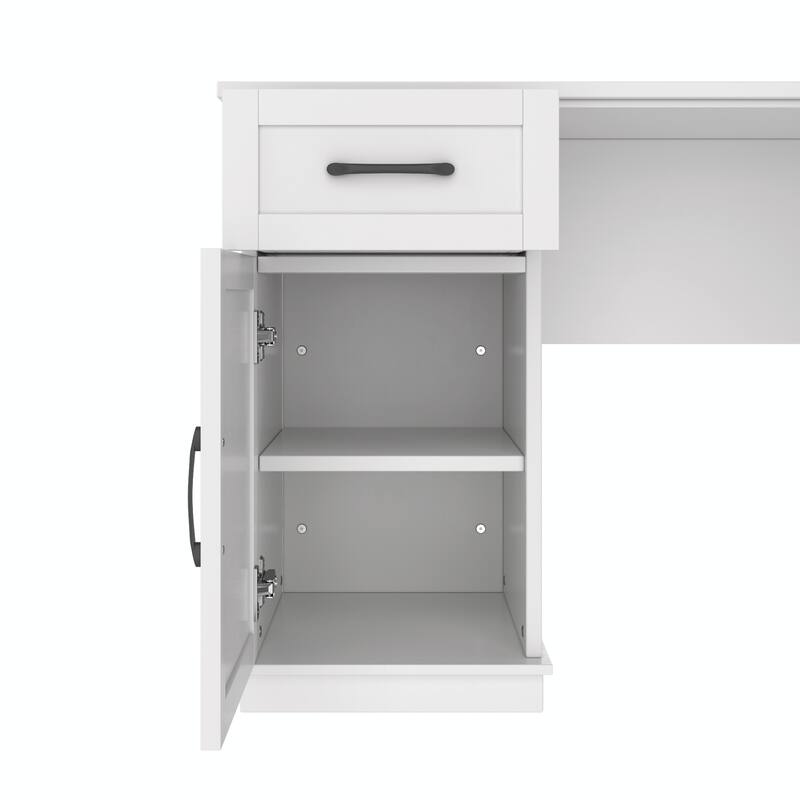 L-Shaped Computer Desk with 2 Cabinets, 2 Drawers, 11 Open Shelves and a Flip-Up Shelf with Storage on the Right Side