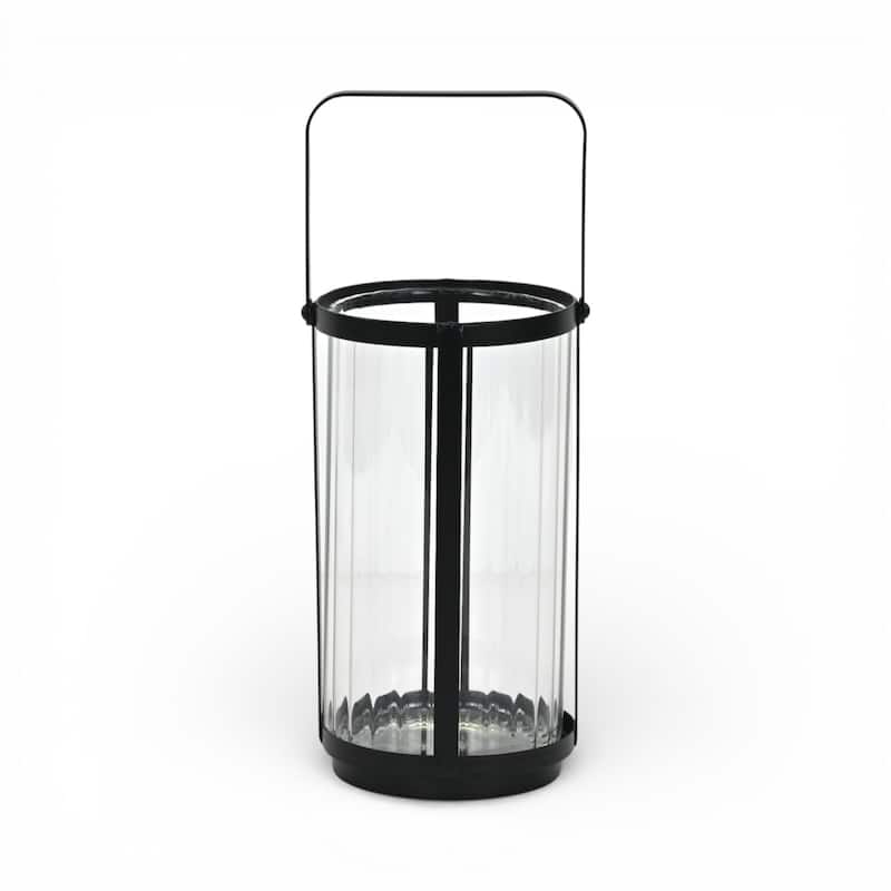 Vortial Fluted Glass Candle Lantern with Black Metal Frame