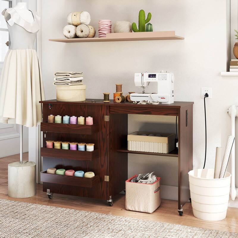 Costway Folding Sewing Table Rolling Craft Station with 3 Storage Bins - See Details