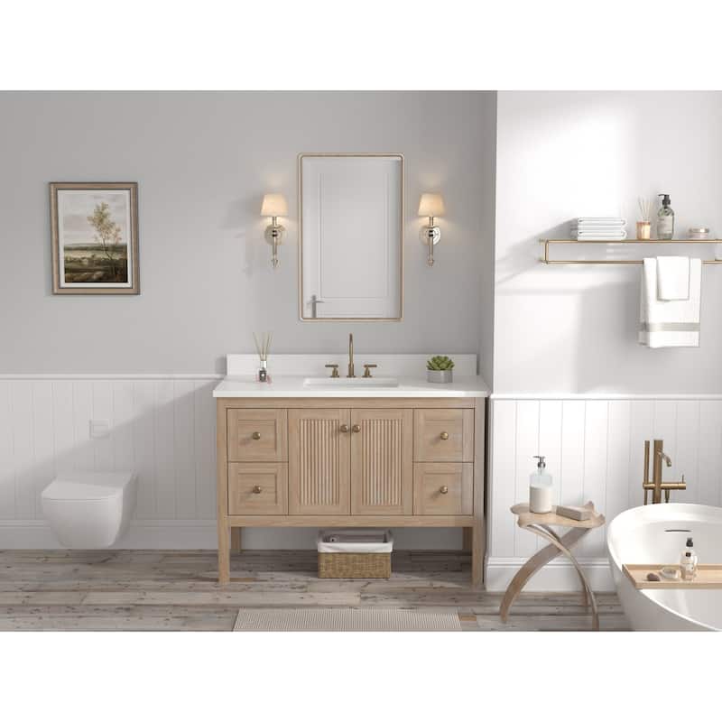 48 Inch Modern Light Oak Single Sink Bathroom Vanity With White Quartz Top
