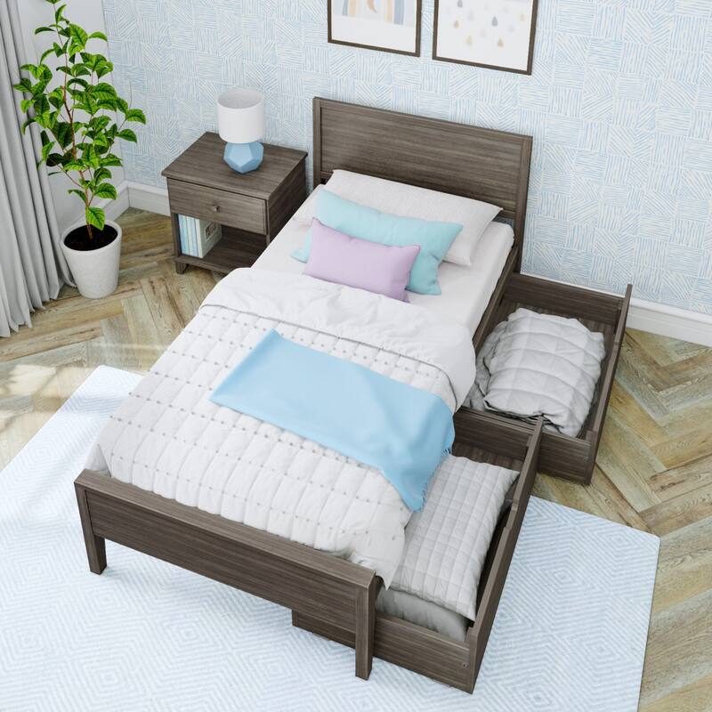 Max and Lily Twin-Size Bed with Panel Headboard and Storage Drawers