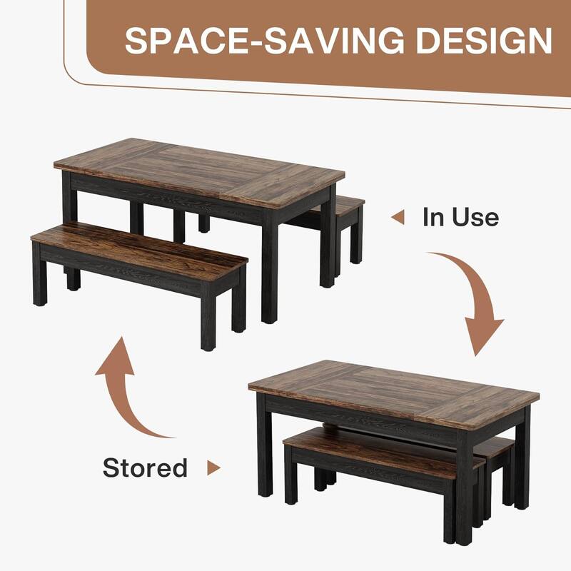 55-Inch Farmhouse Kitchen Table Set, Wood Dining Table with 2 Benches