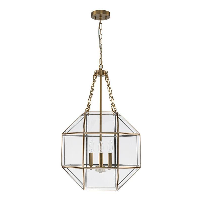 Modern 3-Light Polygonal Cube Clear Glass Metal Lantern Chandelier - 18.1in