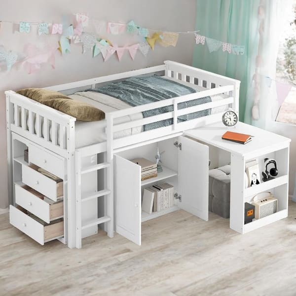 slide 2 of 40, Twin Size Multifunctional Wood Loft Bed with Practical Pull-out Desk with a Two-tier Side Shelf White