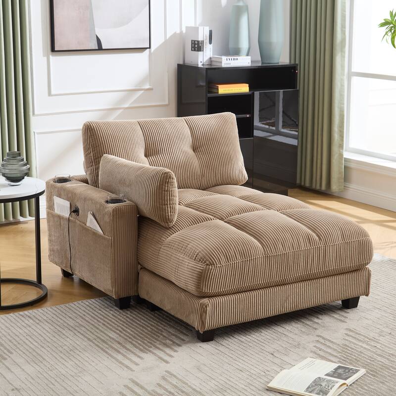 Oversized Corduroy Upholstered Single Chaise Lounge Sofa Couch Switchable Armrest with Cup Holders, USB Ports and Pockets