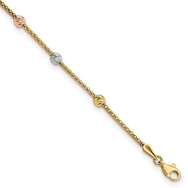 Curata 14k Tri color Gold Sparkle Cut 7 station Bead and Chain Bracelet 7.25 Inch