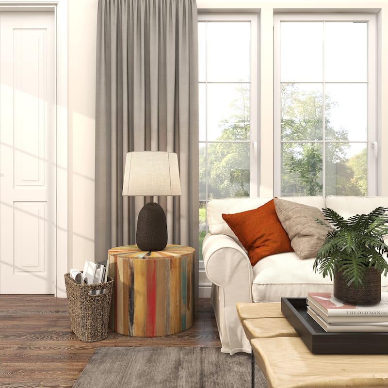 Brown Reclaimed Wood Handmade Pinwheel Drum Geometric Coffee Table with Colorful Painted Accents