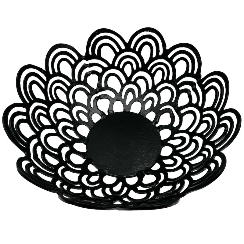 Decorative Handmade Aluminum Peacock Feather Flower Bowl in Black