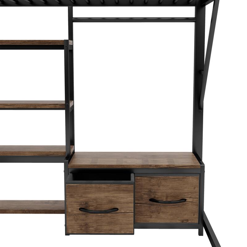 Roomfitters Full Loft Platform Bed, LED Charging Desk and Wardrobe Shelves with Metal Frame for Bedroom or Guest Room, Black