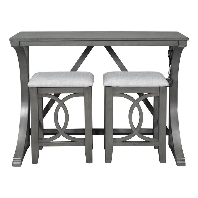 Farmhouse 3-Piece Counter Height Dining Table Set with Built-in USB Ports and Upholstered Stools for Small Spaces