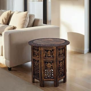 18 Inch Mango Wood Folding Accent Table, Hand Carved, Walnut Brown