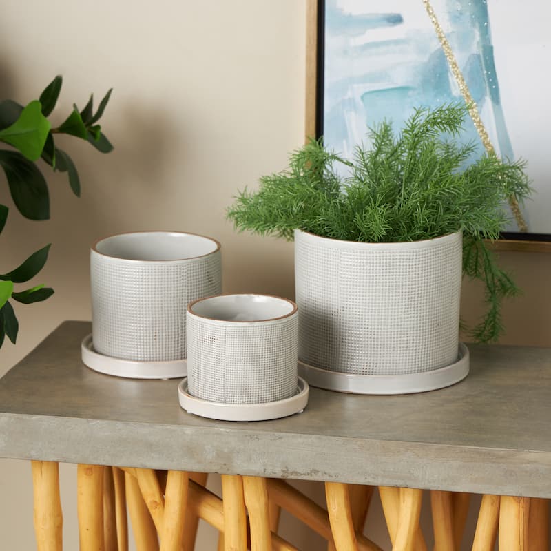 Ceramic Geometric Grid Patterned Indoor Outdoor Planter with Brown Accents and Base Tray - Set of 3 White - Roche River Decor