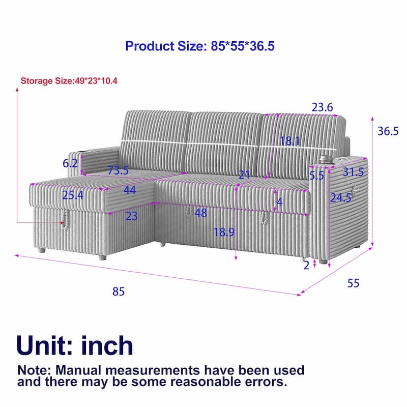 85 Inches Corduroy Sofa Bed, 3 Seater Sleeper Sofa with Storage Chaise