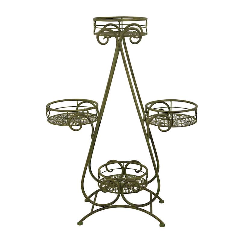 Shin Plant Stand with 4 Pots, Vintage A Frame Dark Green Metal 33 Inch