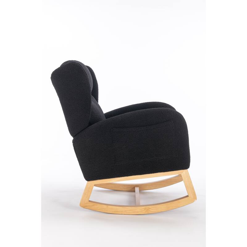 Glider Rocking Chair with Wing Back, Teddy Leisure Chair with Wood Legs, Upholstered Rocker Chair with Side Pocket