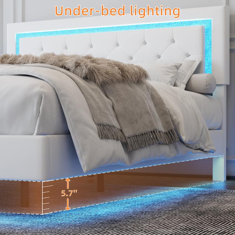 Queen Size Bed Frame with Headboard, Floating Bed Frame with LED Lights, Upholstered Platform Bed with Diamond Tufted Headboard