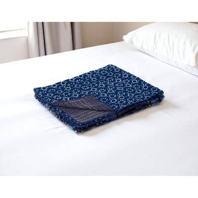 HomeRoots 50" X 70" Blue And Off White Geometric Cotton Quilted Kantha Throw Blanket with Embroidery