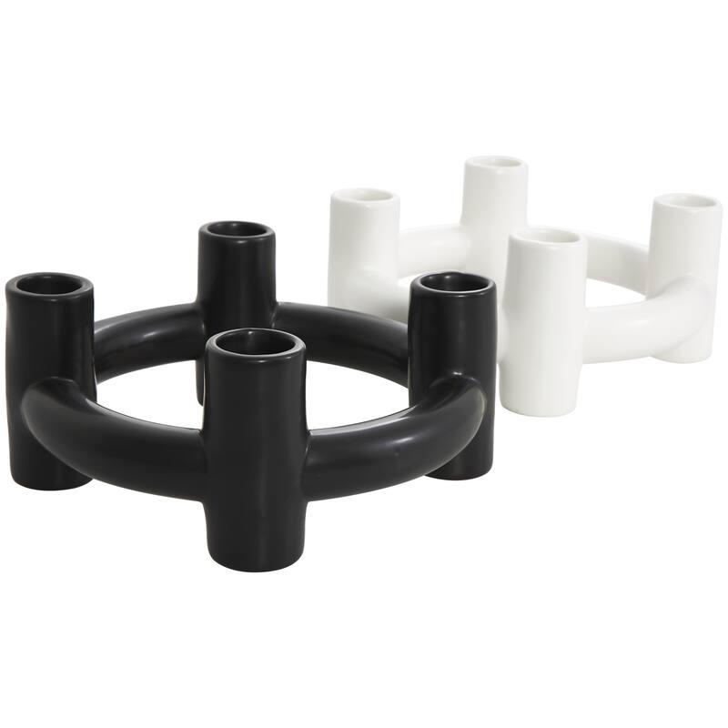 Ceramic Geometric Circle Decorative Candle Holder - Set of 2 Black - CosmoLiving by Cosmopolitan