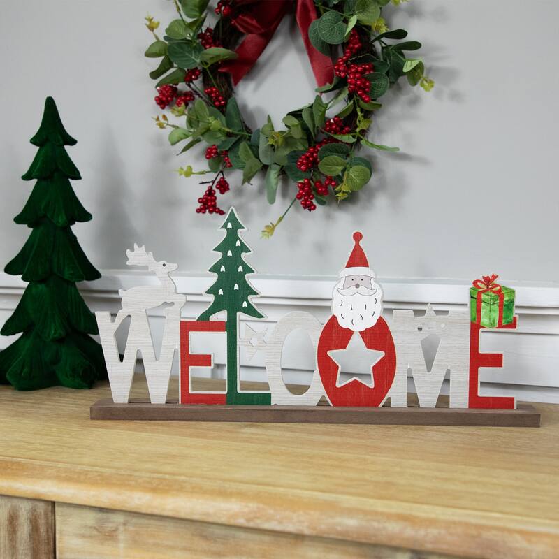 Wooden "Welcome" Christmas Sign - 16" - Red and White