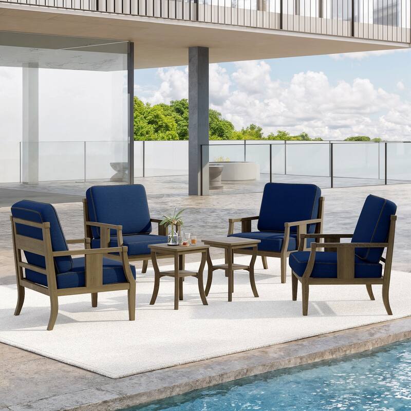 6-Piece Outdoor Teak Seating Set Armchair Patio Conversation Sets with 2 Tables, Cushion - Natural Wood - Navy