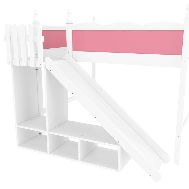 Fun Play Loft Bed for Kids with Open Shelves and Wardrobe, Solid Wood Storage Bed Frame with with Detachable Slide and Ladder