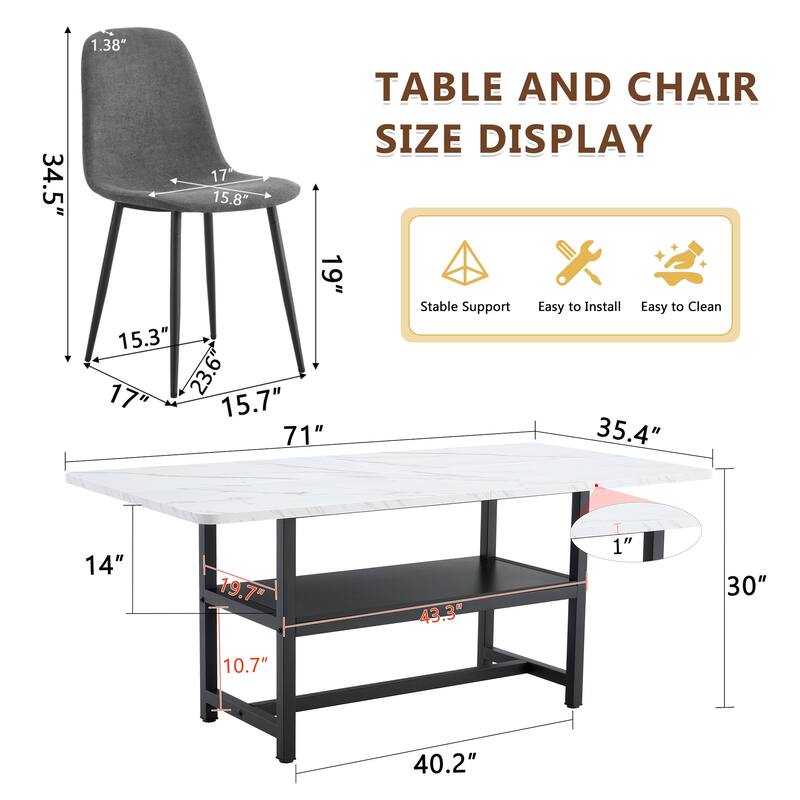 9-Piece Modern Dining Table Set with Storage, 71x35.4 Inch Wood Grain Table & 8 High-Resilience Fabric Chairs