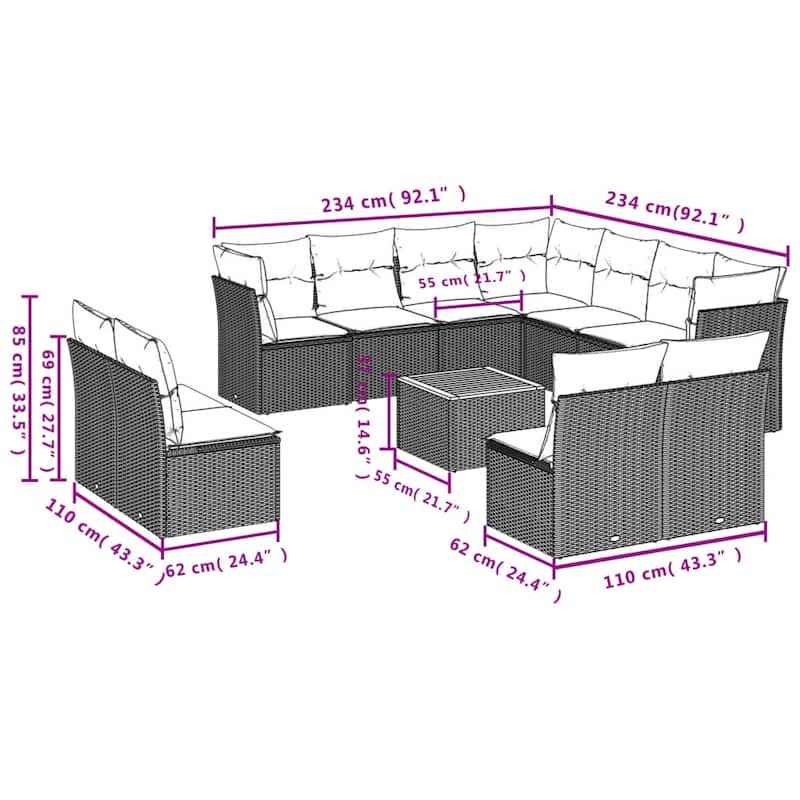 vidaXL Patio Sofa Set with Cushions Outdoor Furniture 12 Piece Poly Rattan - 24.4" x 24.4" x 27.2"