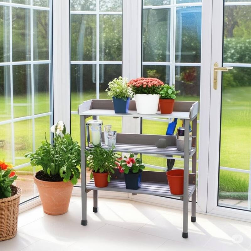 30"x14.5"x35.5" Potting Table w/Metal Tabletop, 3 Layers Outdoor Work Bench w/Hook, Solid Wood Workstation for Garage