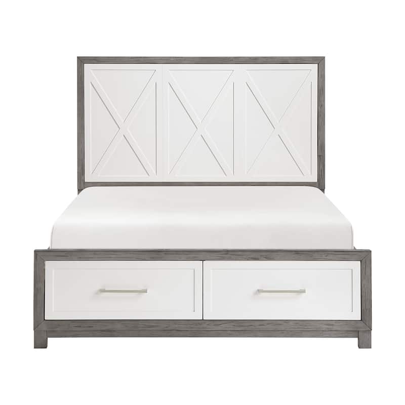 Queen Platform Bed with Footboard Storage in Ivory and Gray Finish - Grey+Ivory