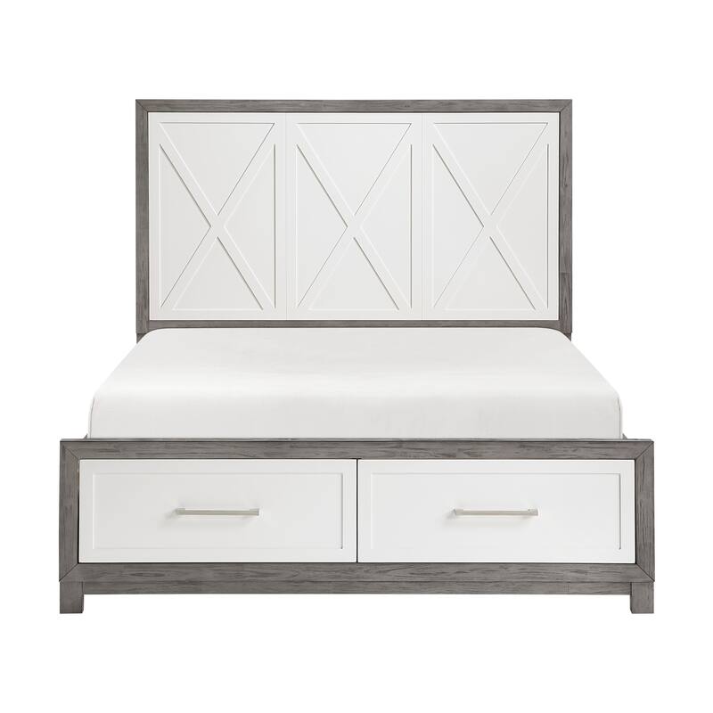 Queen Size Wood Platform Bed with Storage Footboard and Modern Design - Grey+Ivory