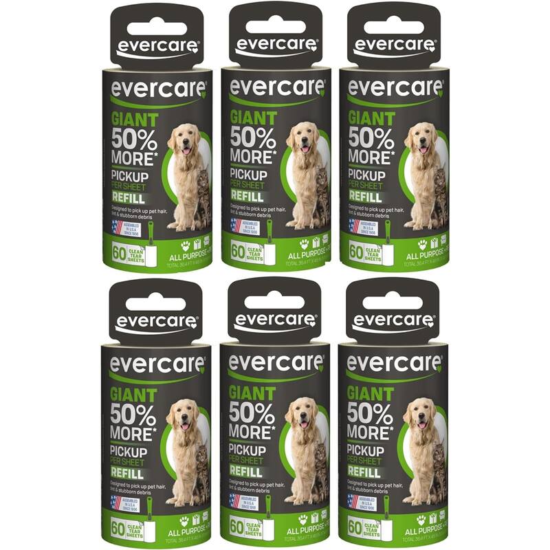 Evercare Giant Pet Hair Roller Refill 60 Sheets - 6 Pack