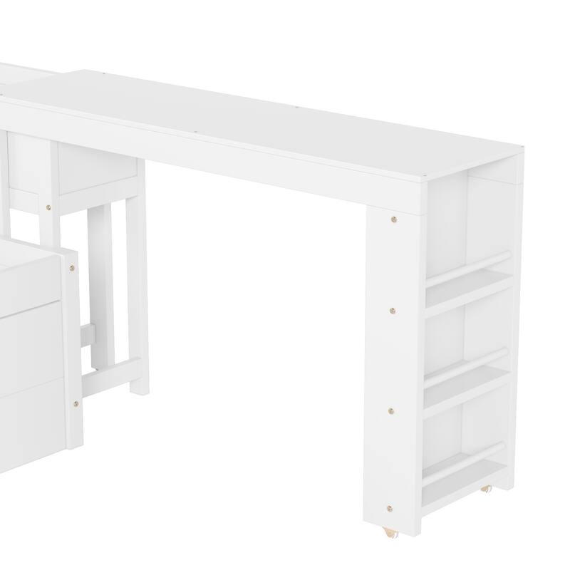 Full/Twin Daybed with Trundle & Storage Drawers - Wood Frame with Side Shelves and Desk