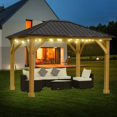 Outsunny 12' x 10' Hardtop Gazebo Canopy Patio Shelter Outdoor with Solid Wood Frame, Steel Slanted Roof, Brown