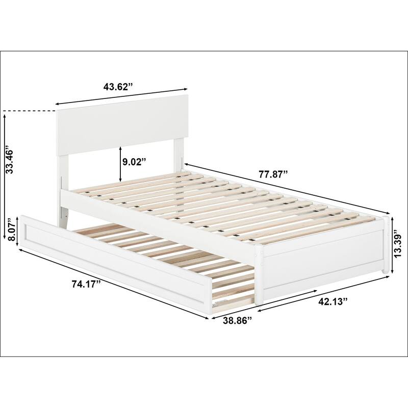 Twin Bed with Trundle & Panel Footboard - White Platform Bed Frame, Adjustable Headboard