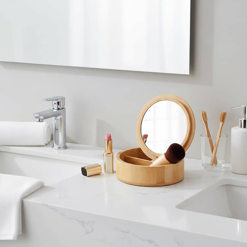 Round Bamboo Box with Mirror Lid - Natural - 5.25 L x 5.25 W x 1.5 H